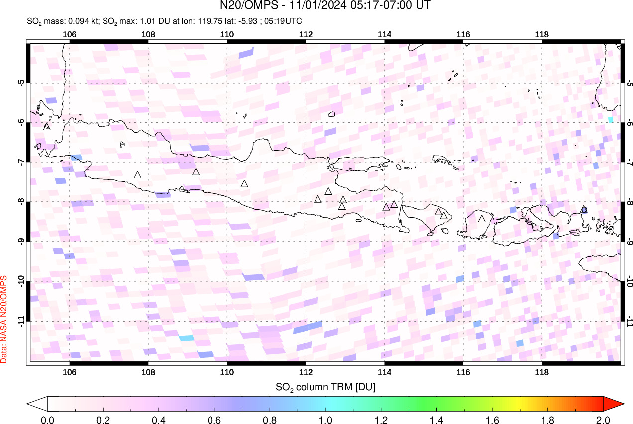 A sulfur dioxide image over Java, Indonesia on Nov 01, 2024.