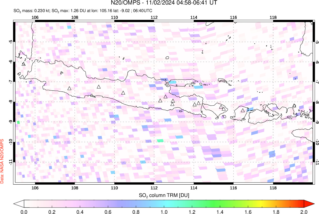 A sulfur dioxide image over Java, Indonesia on Nov 02, 2024.