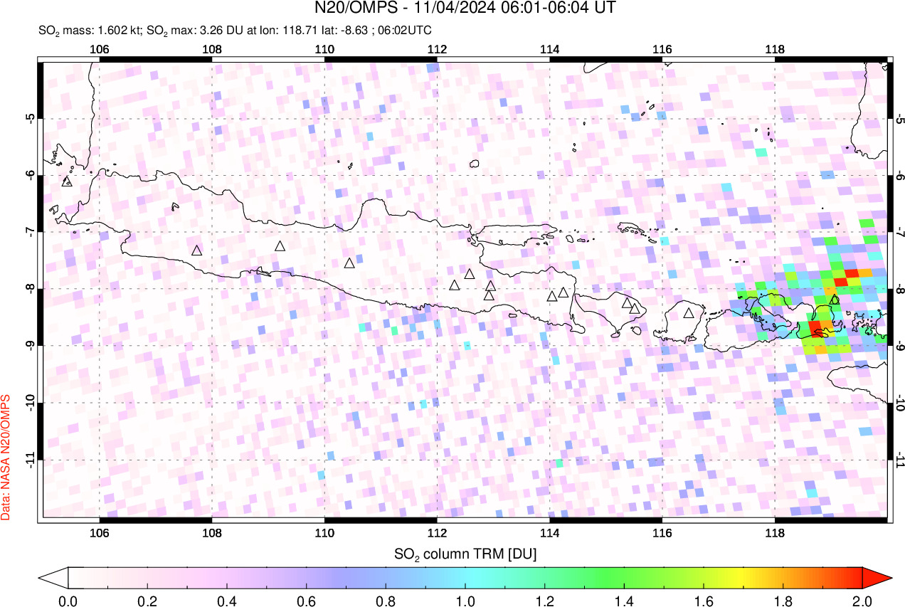 A sulfur dioxide image over Java, Indonesia on Nov 04, 2024.