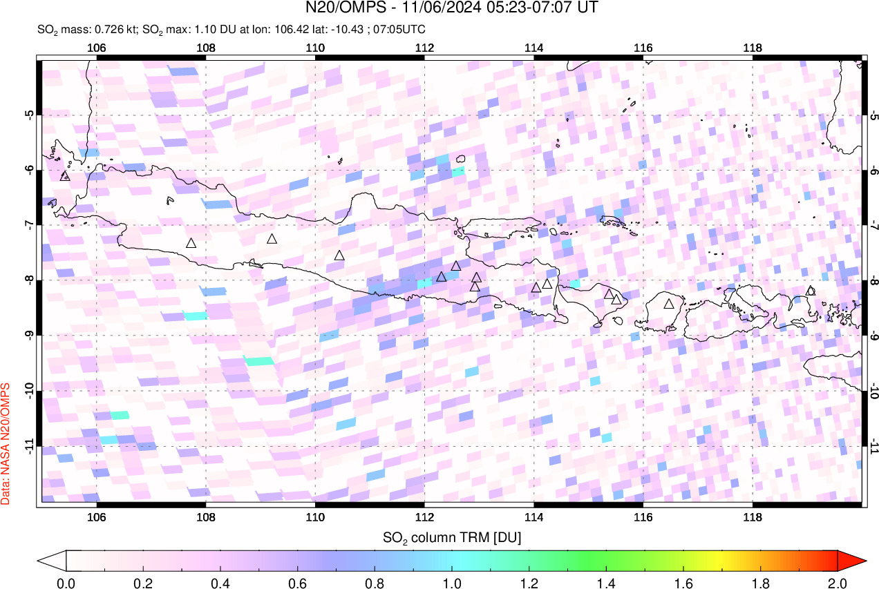 A sulfur dioxide image over Java, Indonesia on Nov 06, 2024.