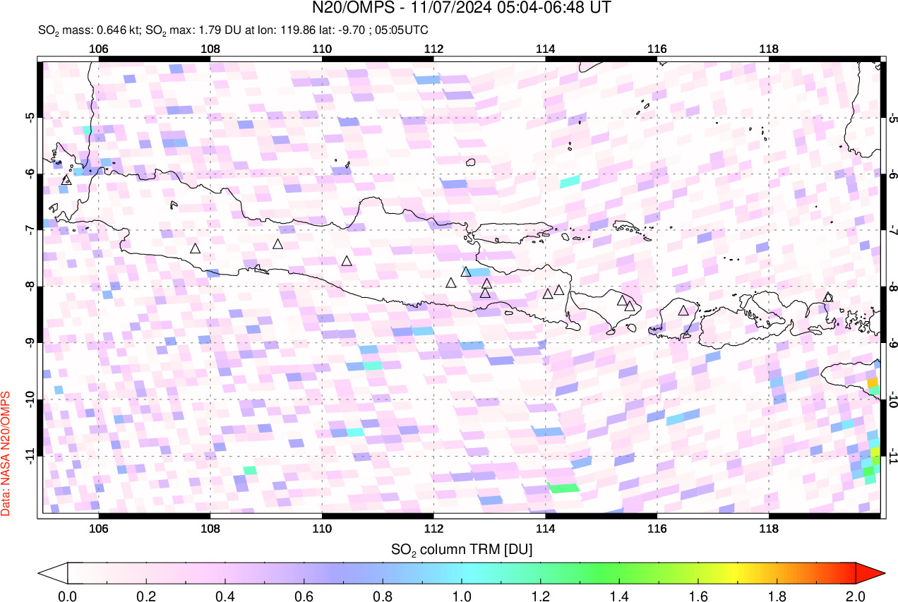 A sulfur dioxide image over Java, Indonesia on Nov 07, 2024.