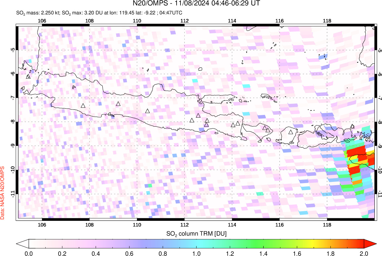 A sulfur dioxide image over Java, Indonesia on Nov 08, 2024.