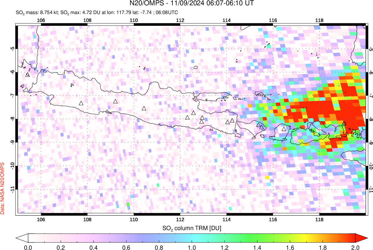 A sulfur dioxide image over Java, Indonesia on Nov 09, 2024.