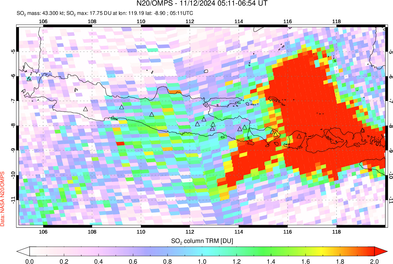 A sulfur dioxide image over Java, Indonesia on Nov 12, 2024.