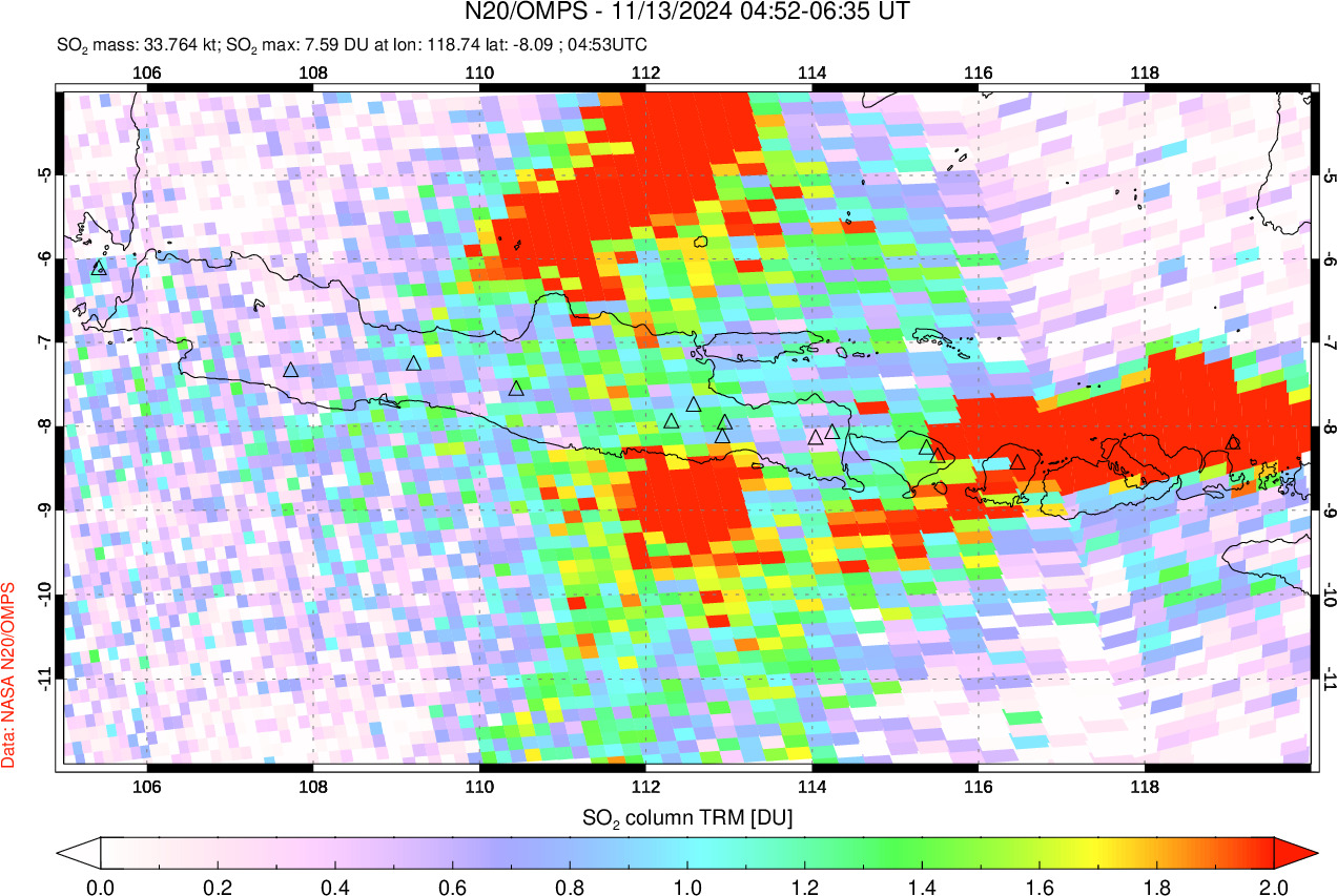 A sulfur dioxide image over Java, Indonesia on Nov 13, 2024.