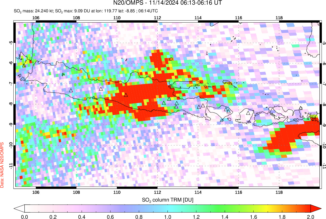 A sulfur dioxide image over Java, Indonesia on Nov 14, 2024.