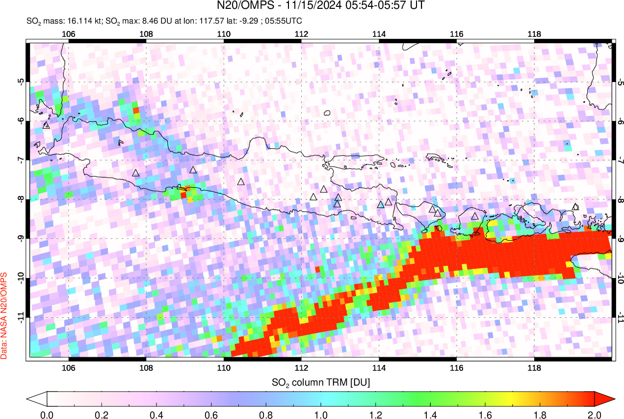 A sulfur dioxide image over Java, Indonesia on Nov 15, 2024.