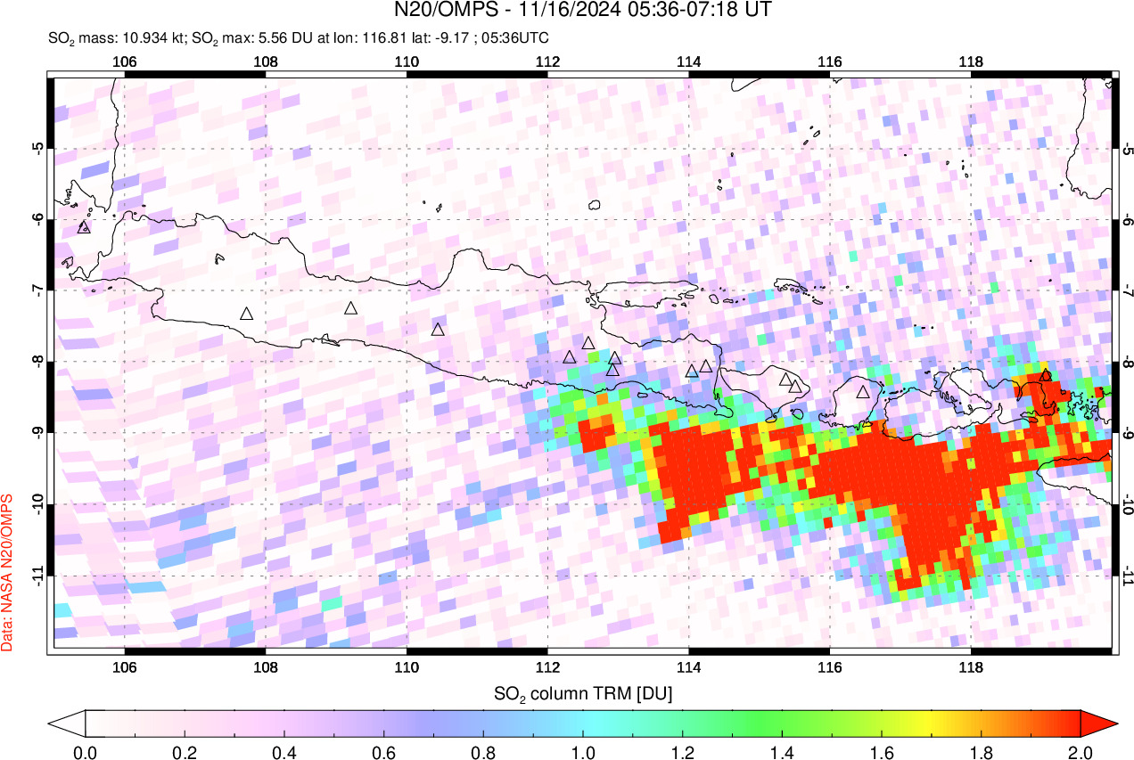 A sulfur dioxide image over Java, Indonesia on Nov 16, 2024.