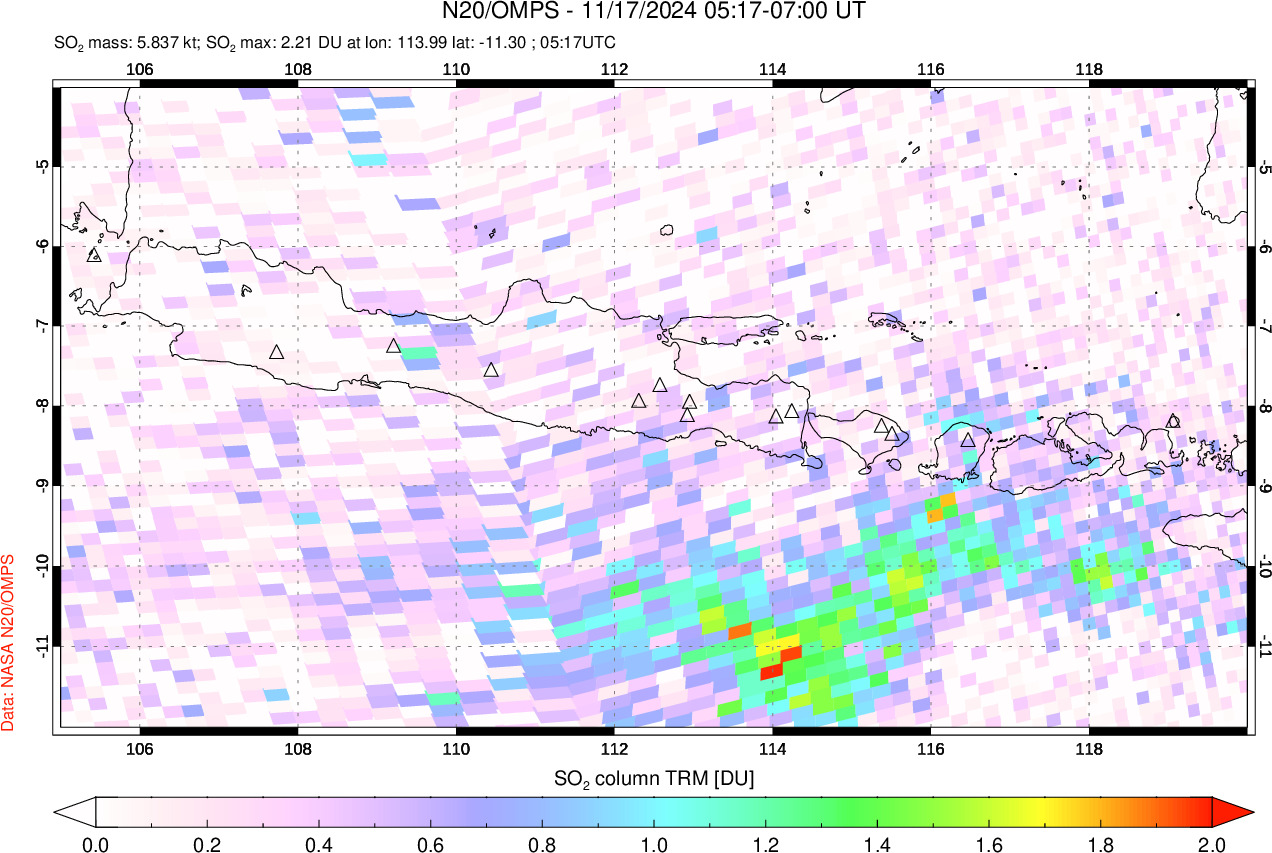 A sulfur dioxide image over Java, Indonesia on Nov 17, 2024.