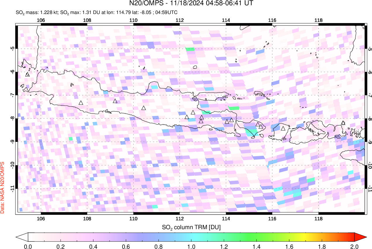 A sulfur dioxide image over Java, Indonesia on Nov 18, 2024.