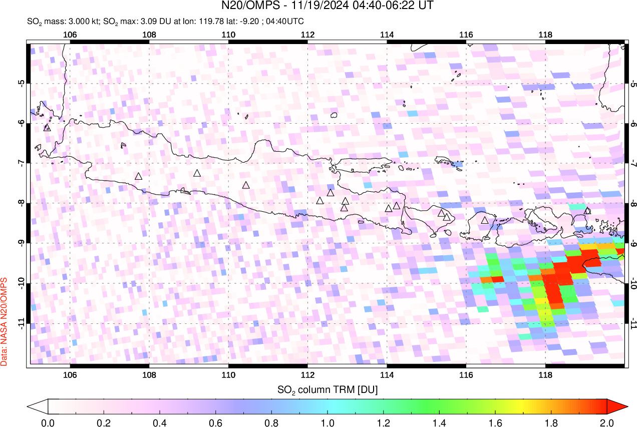 A sulfur dioxide image over Java, Indonesia on Nov 19, 2024.