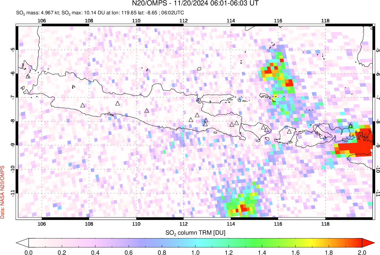 A sulfur dioxide image over Java, Indonesia on Nov 20, 2024.