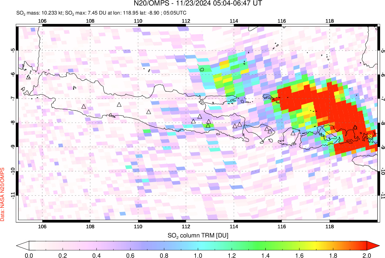 A sulfur dioxide image over Java, Indonesia on Nov 23, 2024.