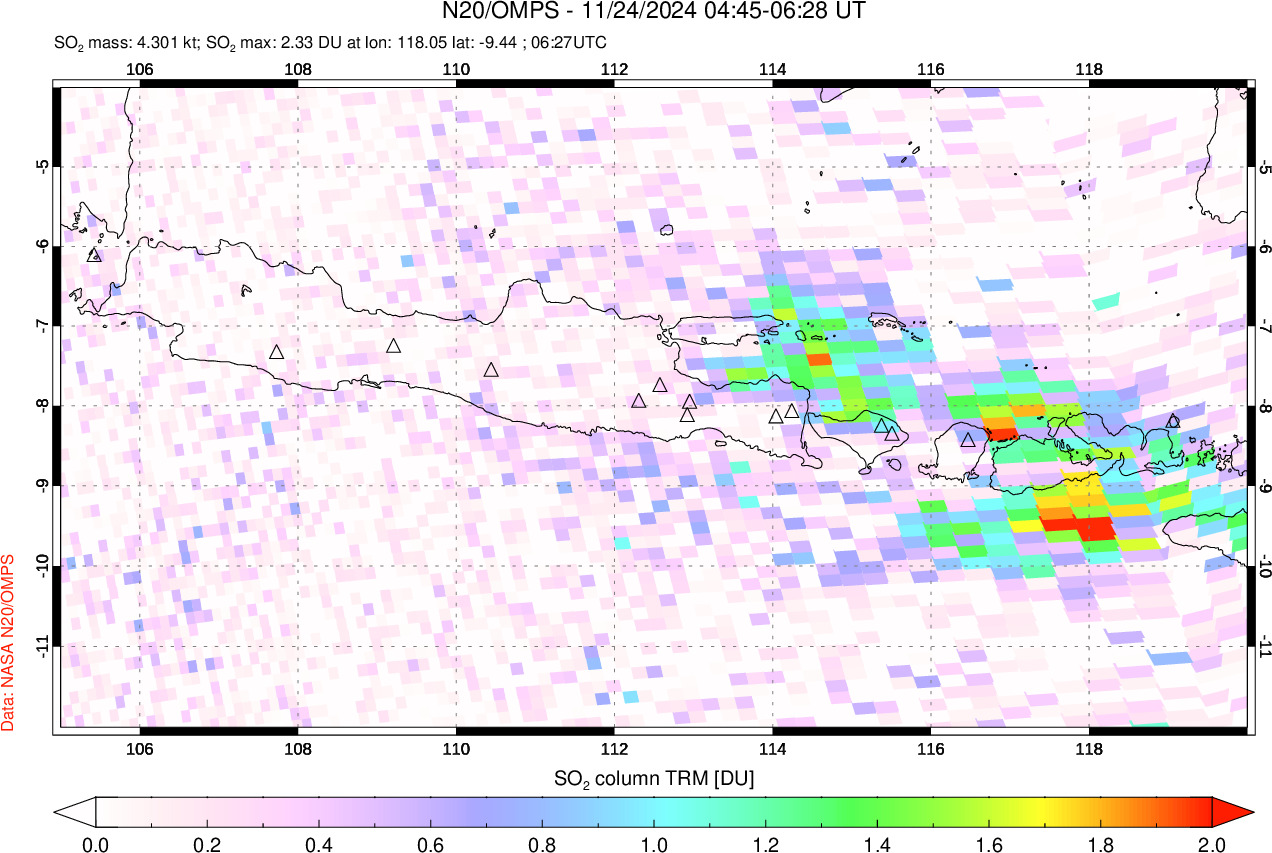A sulfur dioxide image over Java, Indonesia on Nov 24, 2024.