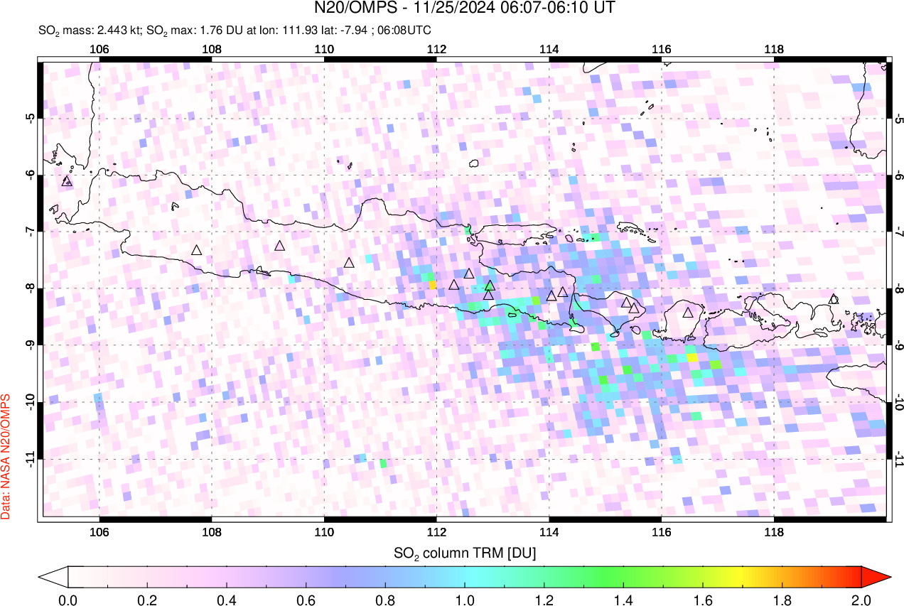 A sulfur dioxide image over Java, Indonesia on Nov 25, 2024.