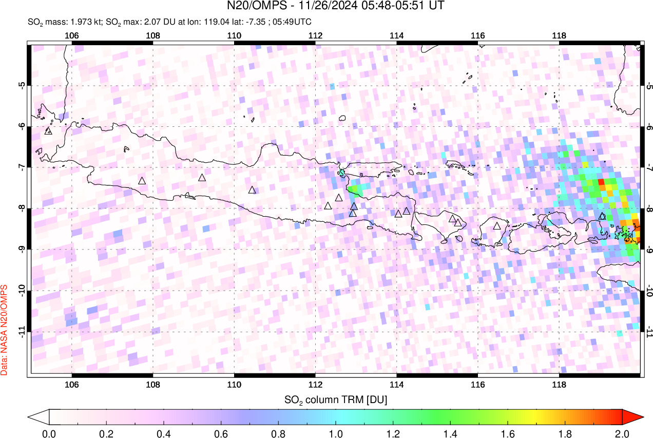 A sulfur dioxide image over Java, Indonesia on Nov 26, 2024.