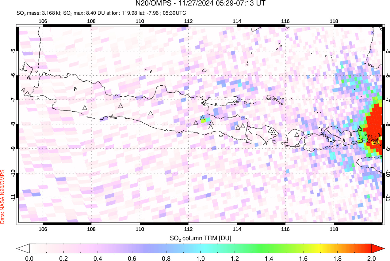 A sulfur dioxide image over Java, Indonesia on Nov 27, 2024.