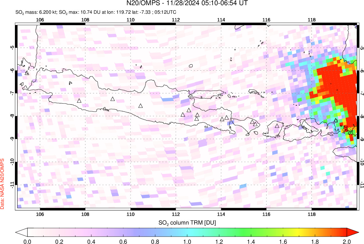 A sulfur dioxide image over Java, Indonesia on Nov 28, 2024.
