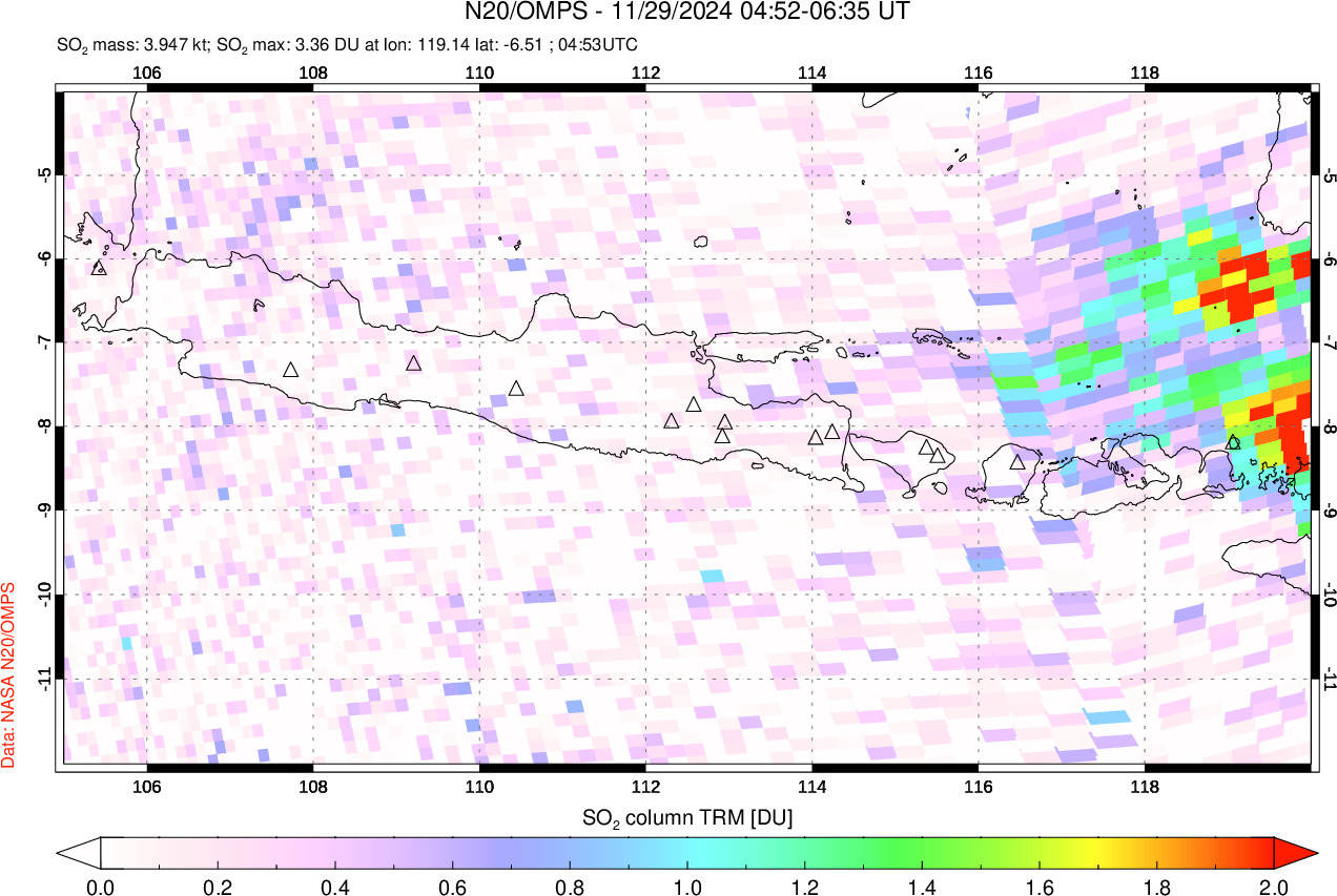 A sulfur dioxide image over Java, Indonesia on Nov 29, 2024.