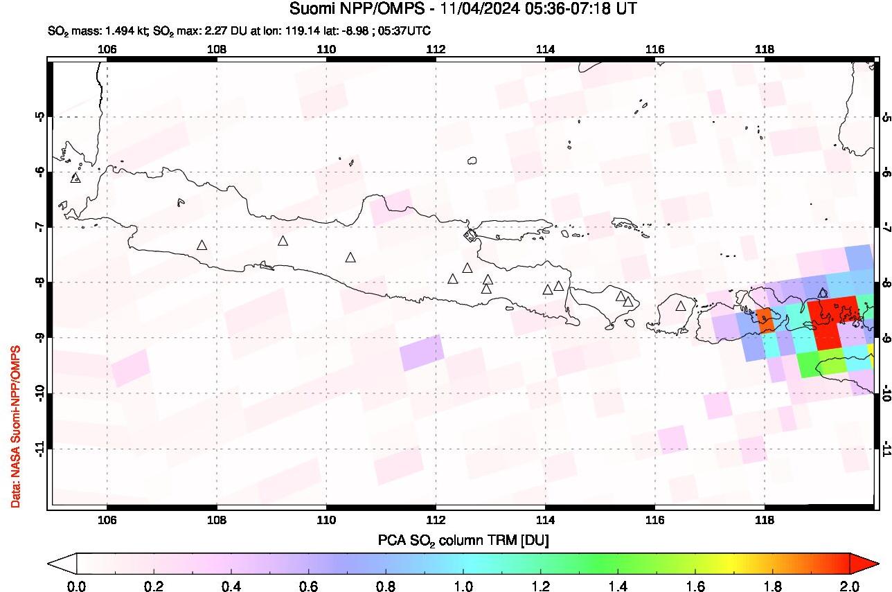 A sulfur dioxide image over Java, Indonesia on Nov 04, 2024.