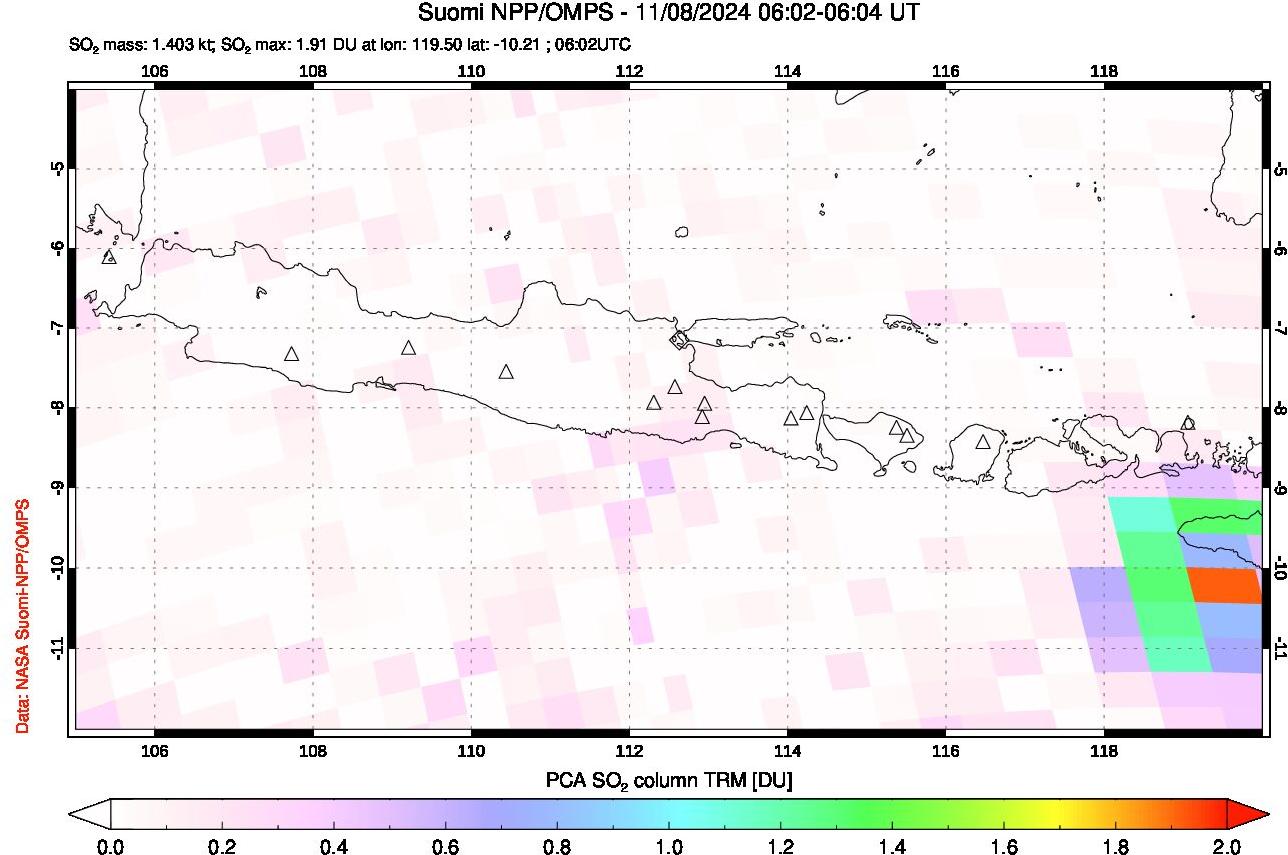 A sulfur dioxide image over Java, Indonesia on Nov 08, 2024.