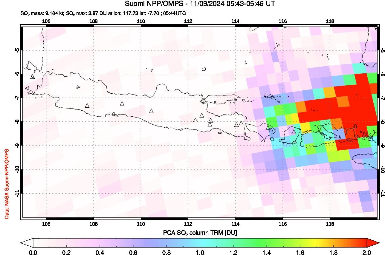 A sulfur dioxide image over Java, Indonesia on Nov 09, 2024.