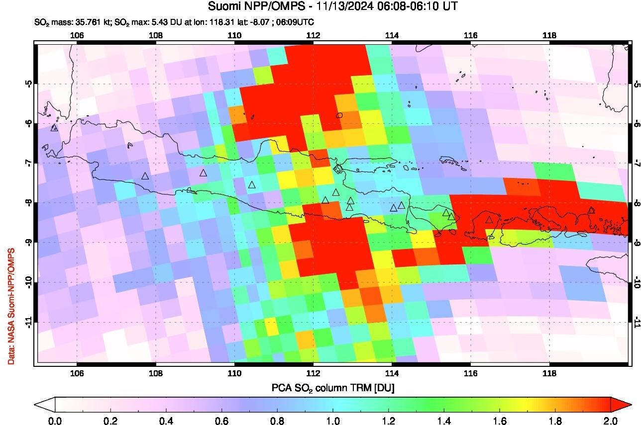 A sulfur dioxide image over Java, Indonesia on Nov 13, 2024.