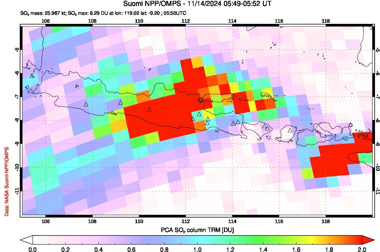 A sulfur dioxide image over Java, Indonesia on Nov 14, 2024.