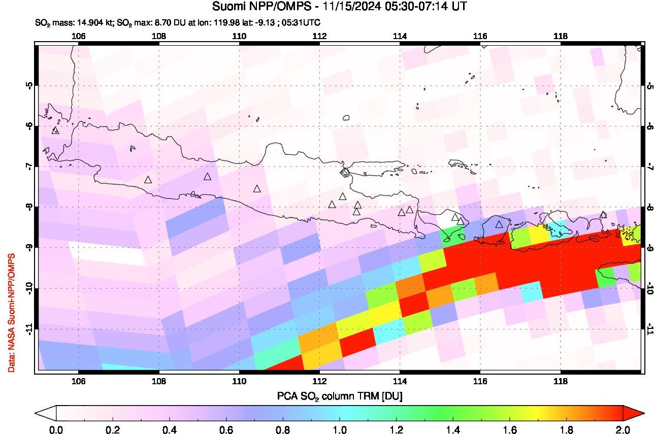 A sulfur dioxide image over Java, Indonesia on Nov 15, 2024.