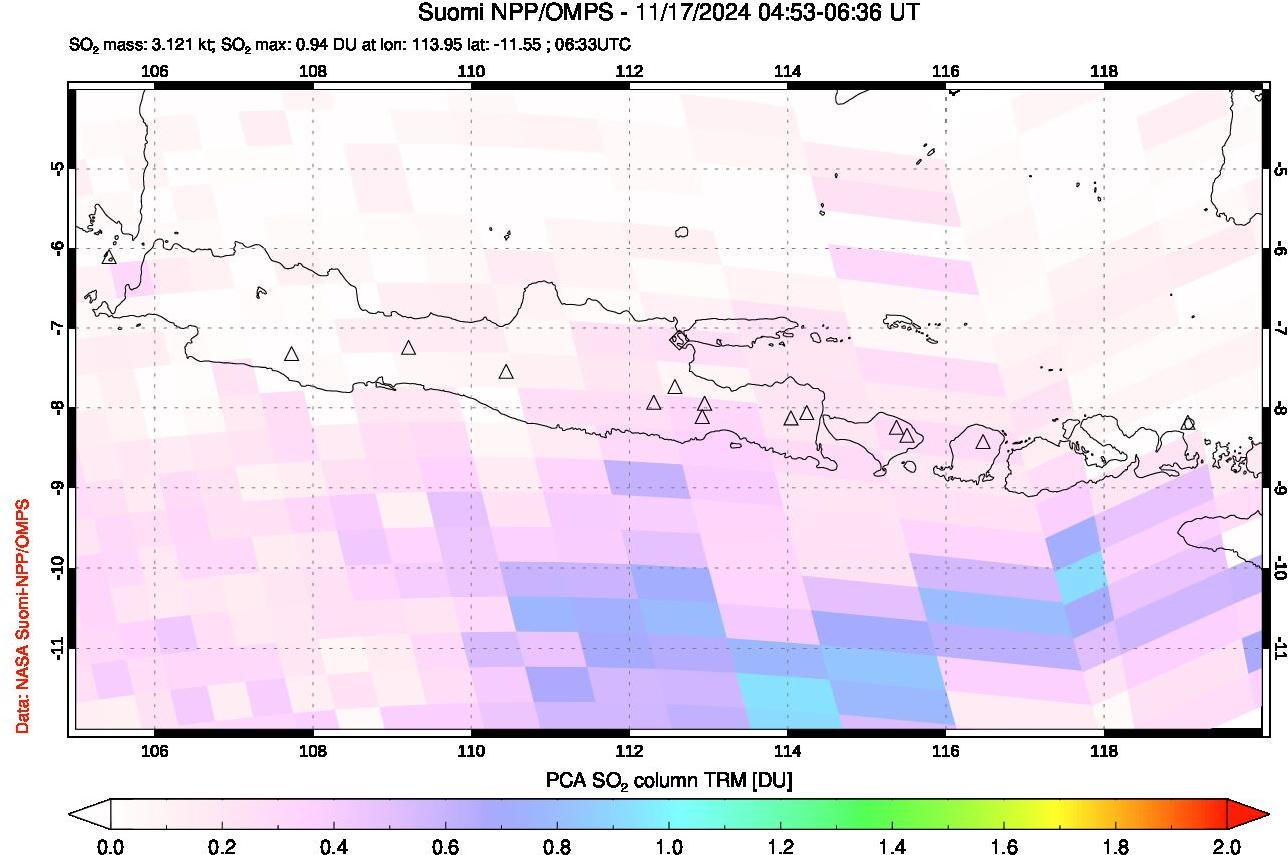 A sulfur dioxide image over Java, Indonesia on Nov 17, 2024.