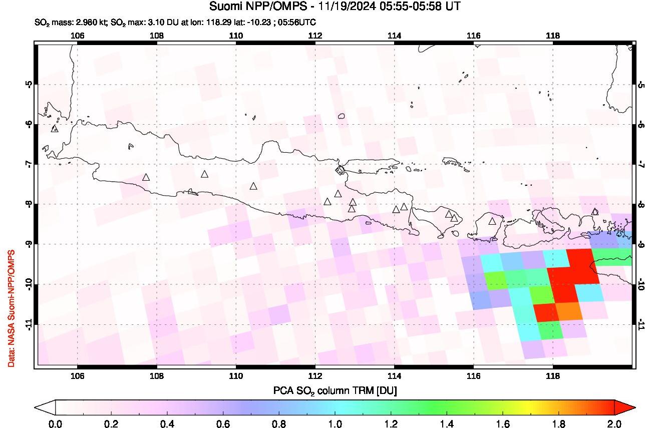 A sulfur dioxide image over Java, Indonesia on Nov 19, 2024.