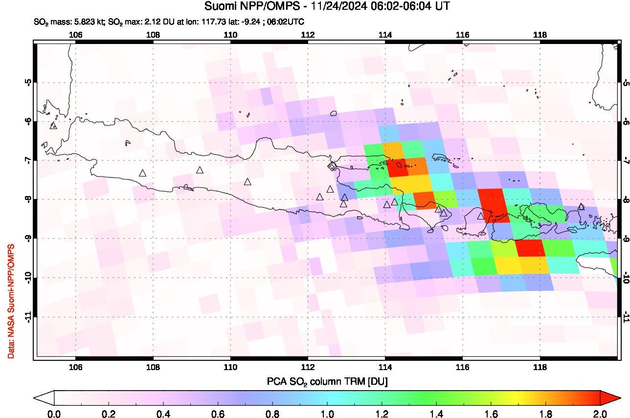 A sulfur dioxide image over Java, Indonesia on Nov 24, 2024.