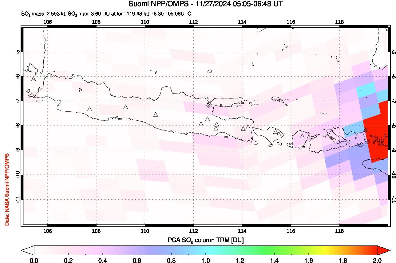 A sulfur dioxide image over Java, Indonesia on Nov 27, 2024.