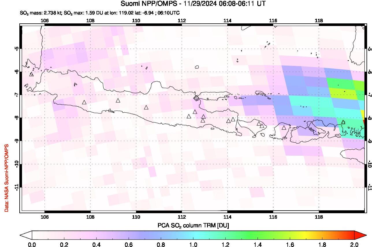 A sulfur dioxide image over Java, Indonesia on Nov 29, 2024.