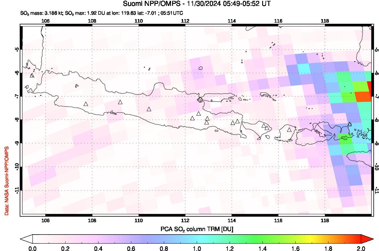 A sulfur dioxide image over Java, Indonesia on Nov 30, 2024.