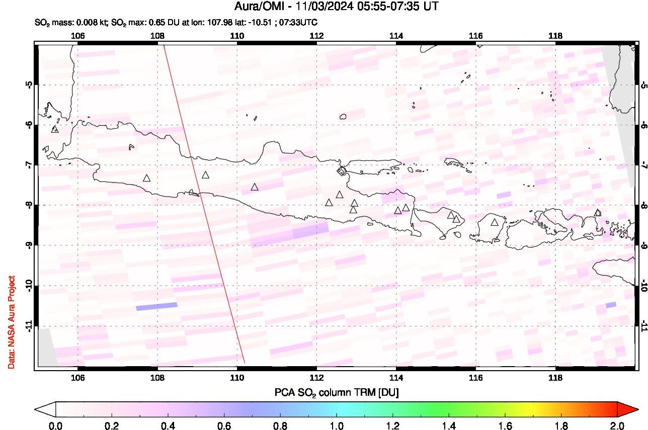 A sulfur dioxide image over Java, Indonesia on Nov 03, 2024.