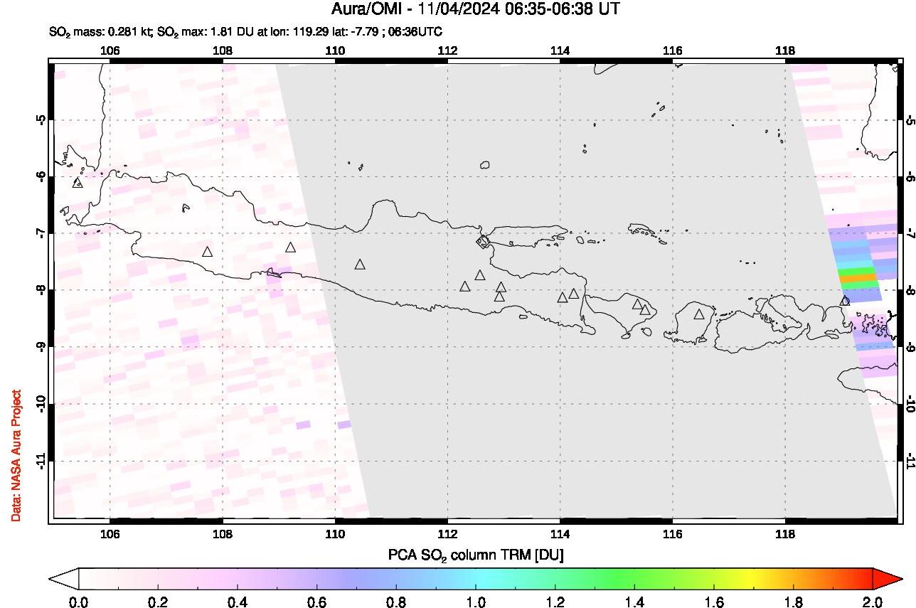 A sulfur dioxide image over Java, Indonesia on Nov 04, 2024.