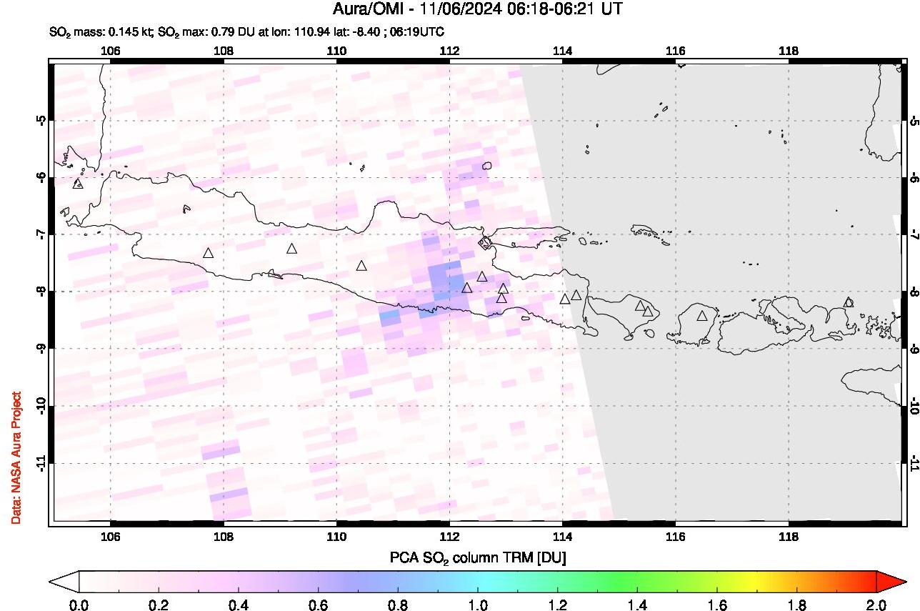 A sulfur dioxide image over Java, Indonesia on Nov 06, 2024.