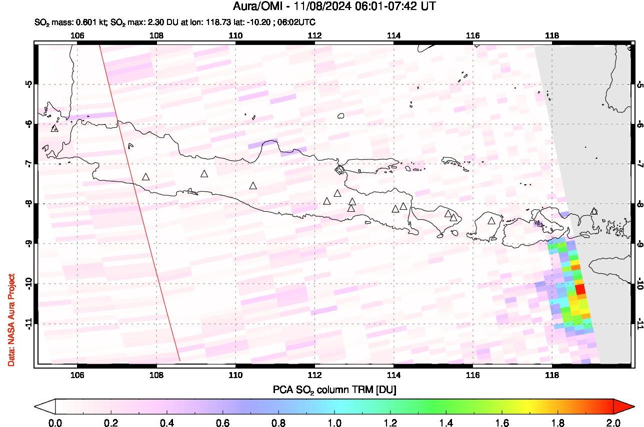 A sulfur dioxide image over Java, Indonesia on Nov 08, 2024.