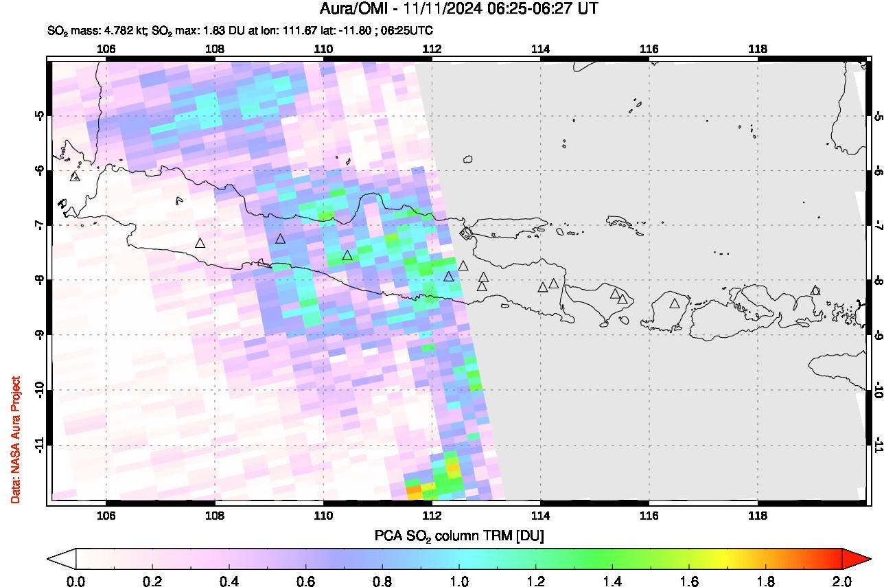 A sulfur dioxide image over Java, Indonesia on Nov 11, 2024.