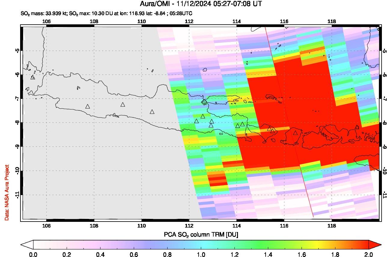 A sulfur dioxide image over Java, Indonesia on Nov 12, 2024.