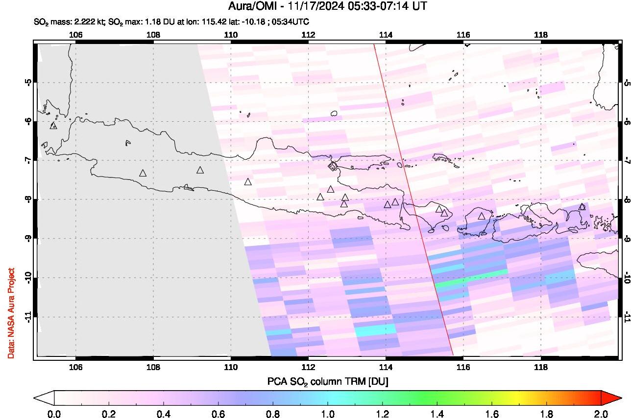 A sulfur dioxide image over Java, Indonesia on Nov 17, 2024.