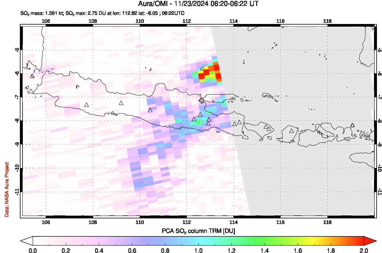 A sulfur dioxide image over Java, Indonesia on Nov 23, 2024.