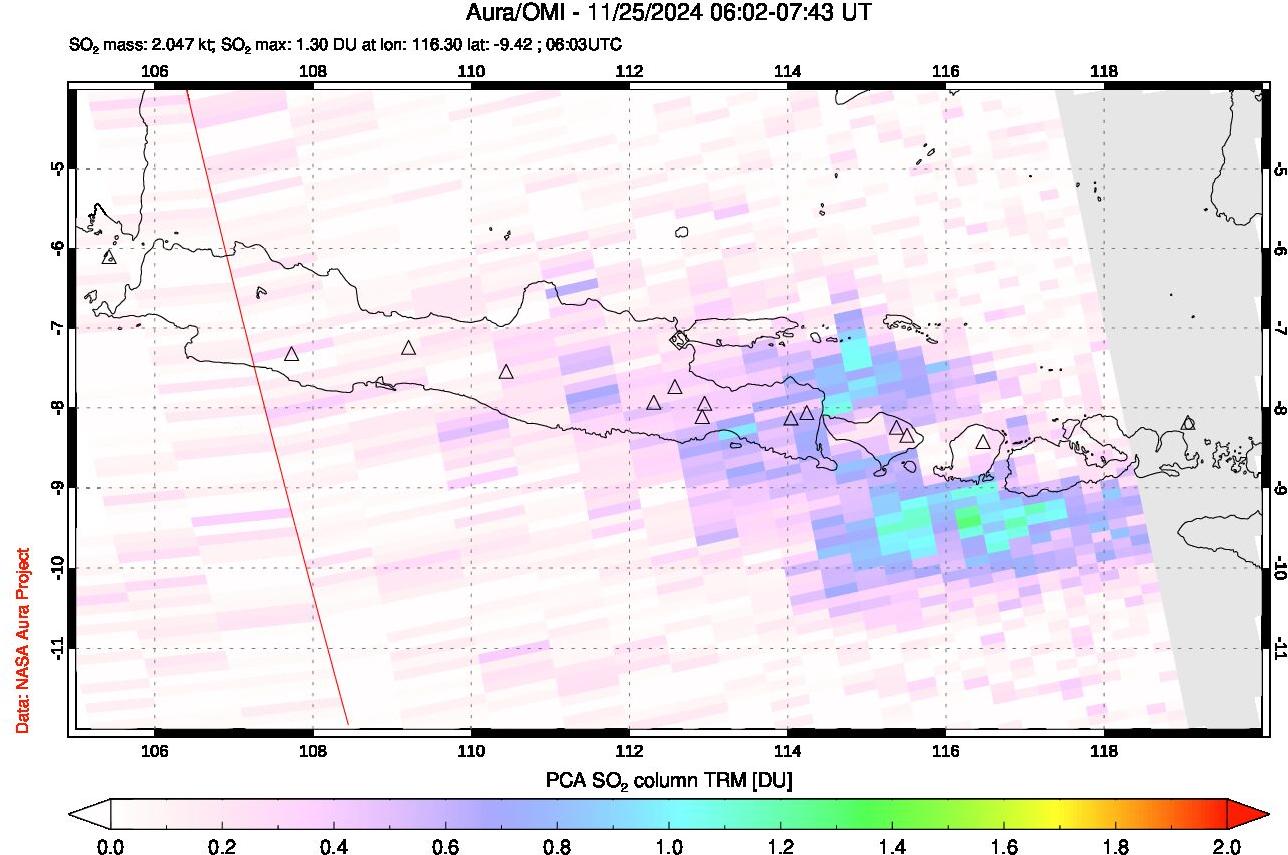 A sulfur dioxide image over Java, Indonesia on Nov 25, 2024.