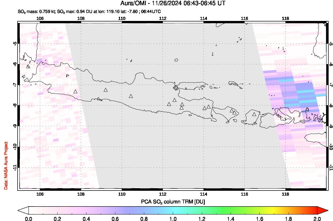 A sulfur dioxide image over Java, Indonesia on Nov 26, 2024.
