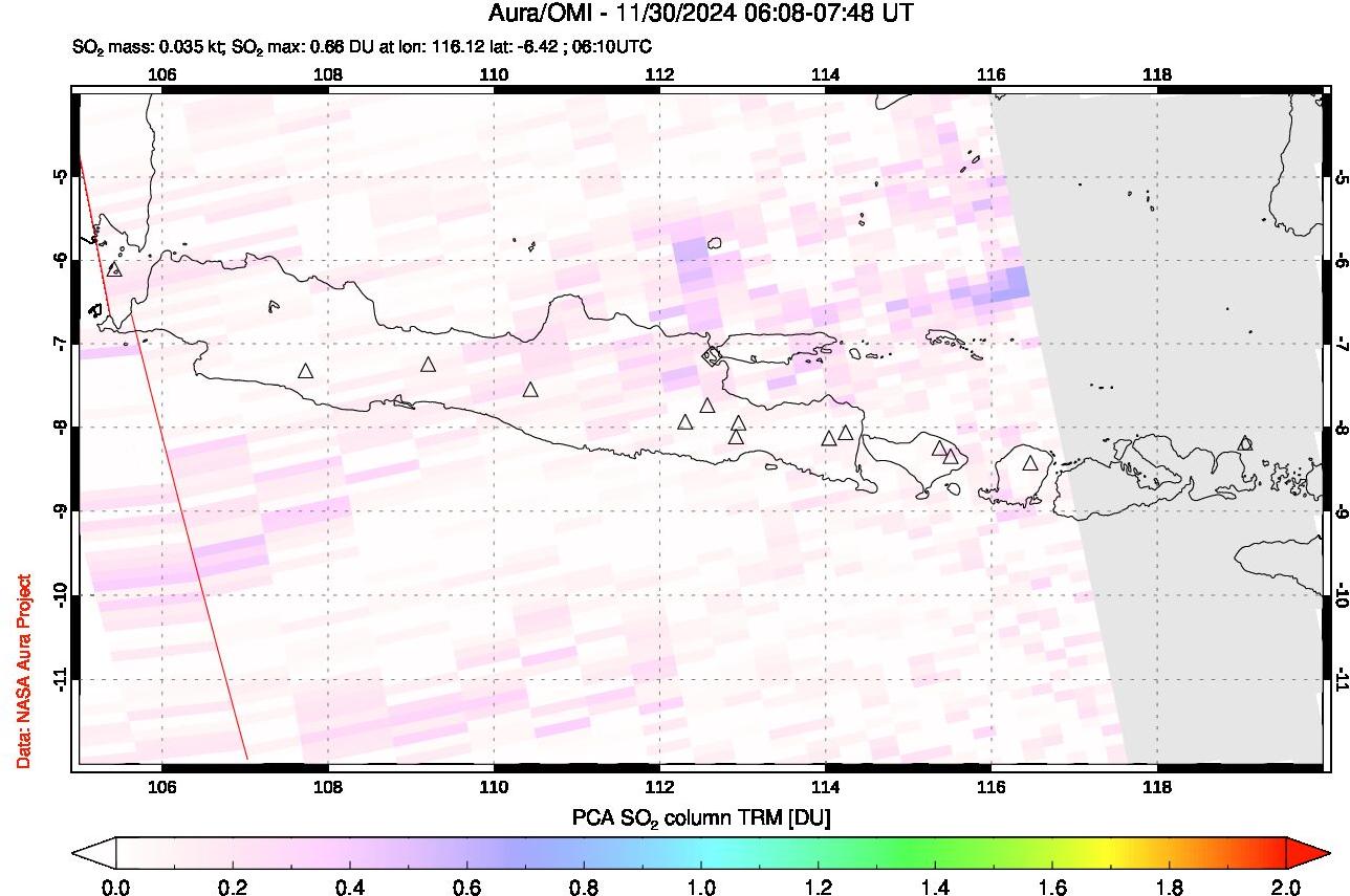 A sulfur dioxide image over Java, Indonesia on Nov 30, 2024.