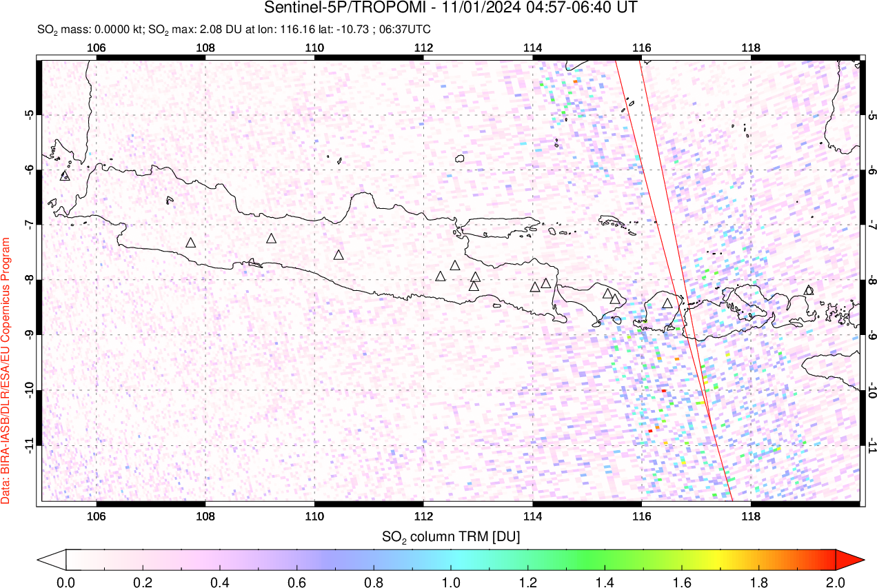 A sulfur dioxide image over Java, Indonesia on Nov 01, 2024.