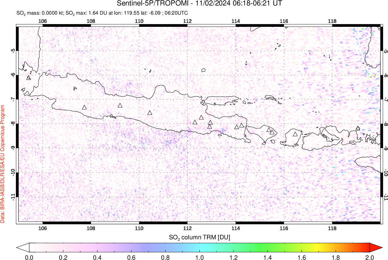 A sulfur dioxide image over Java, Indonesia on Nov 02, 2024.