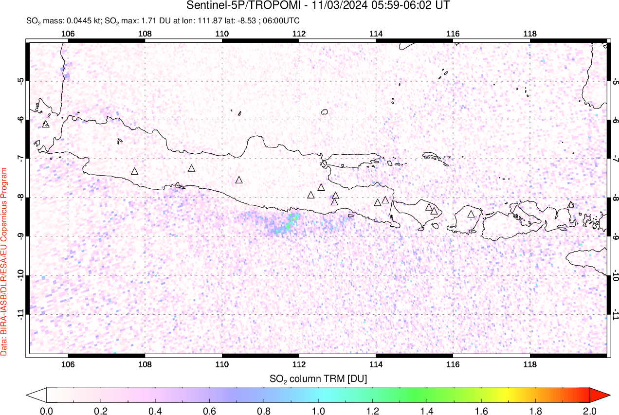 A sulfur dioxide image over Java, Indonesia on Nov 03, 2024.