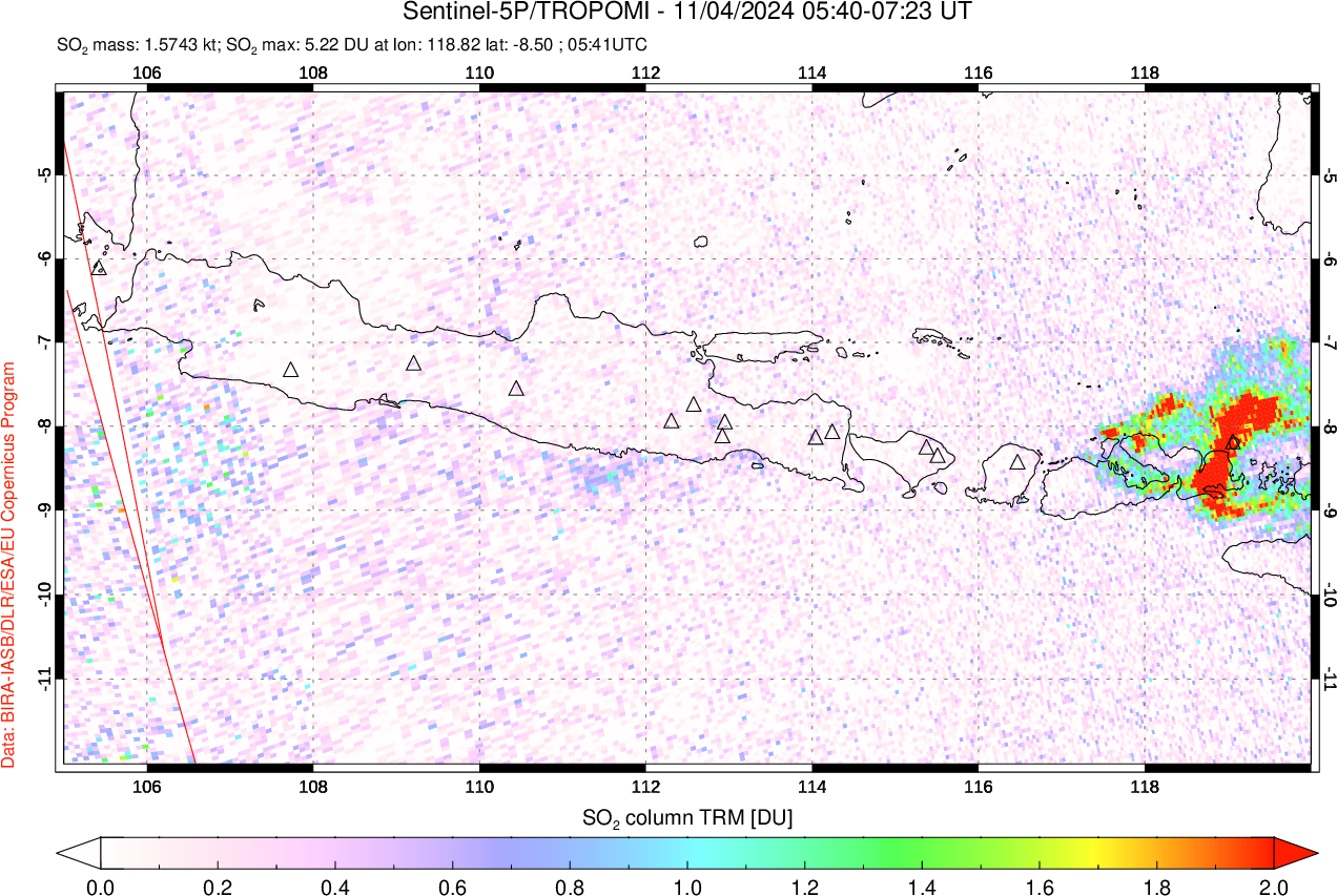 A sulfur dioxide image over Java, Indonesia on Nov 04, 2024.